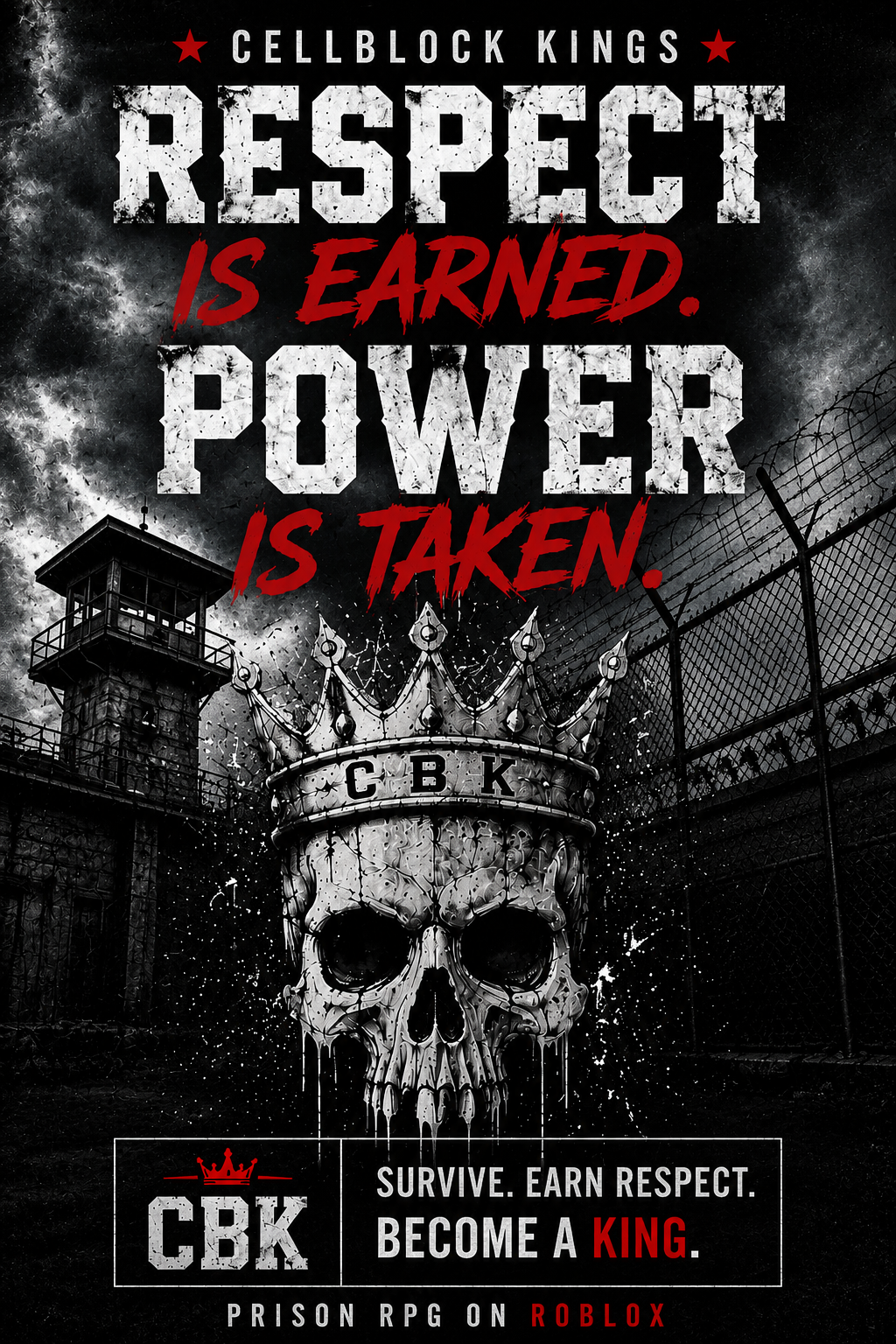 Gritty Roblox prison simulator poster showing a guard tower and barbed wire with Cellblock Kings branding and the 'Run the Yard' motto.