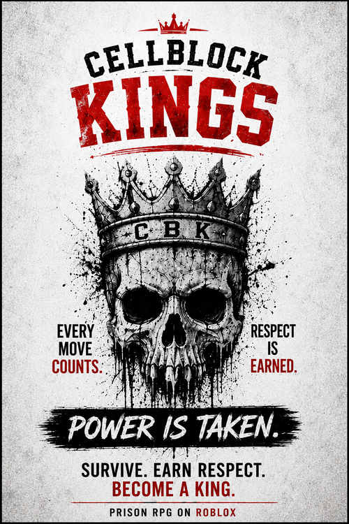 Aggressive Cellblock Kings prison yard poster featuring a skull wearing a spiked crown with 'Respect is Earned' and 'Power is Taken' slogans for competitive gamers.
