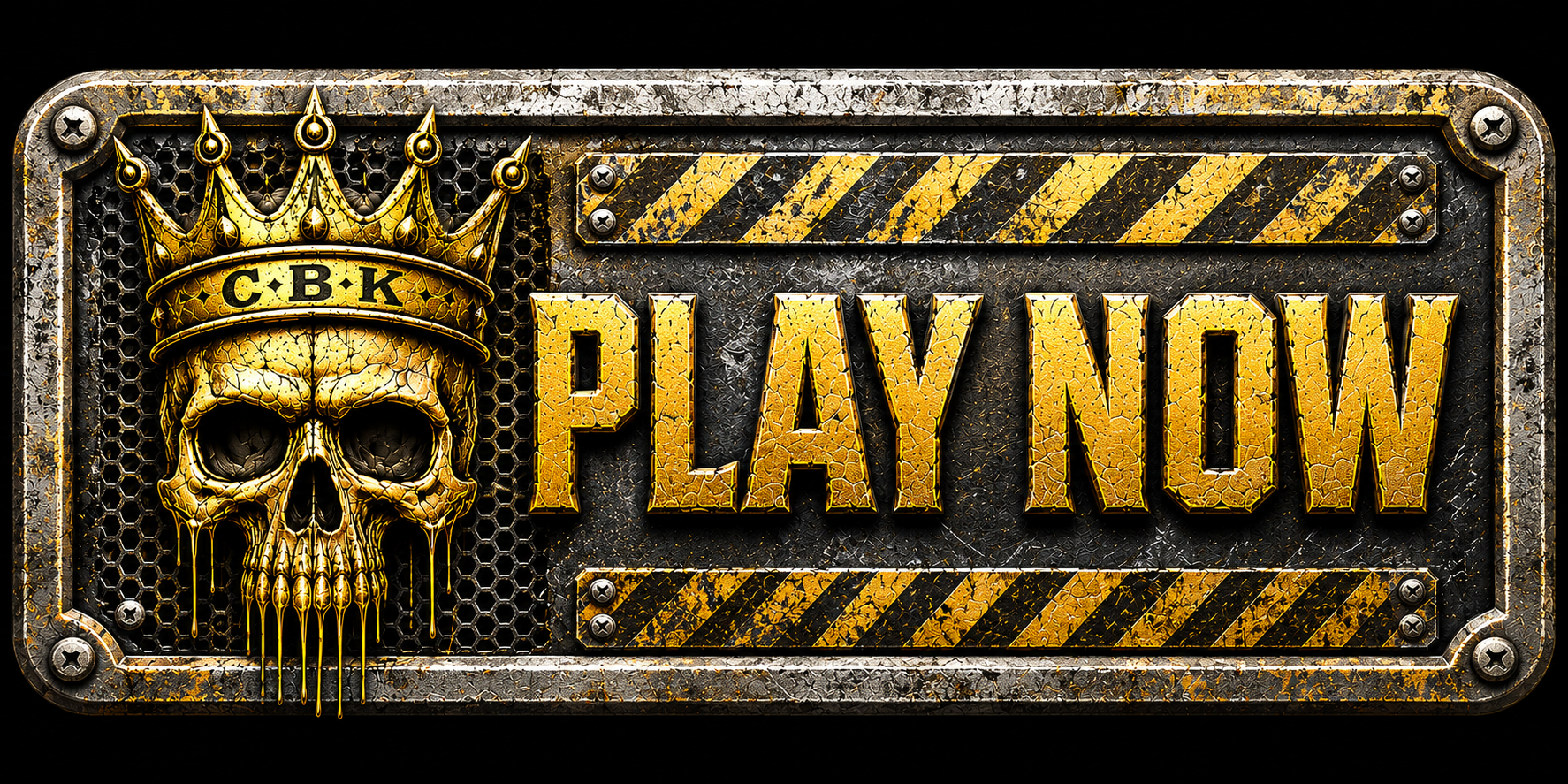 Gritty industrial style Cellblock Kings sign with gold skull and hazard stripes with the words play now.