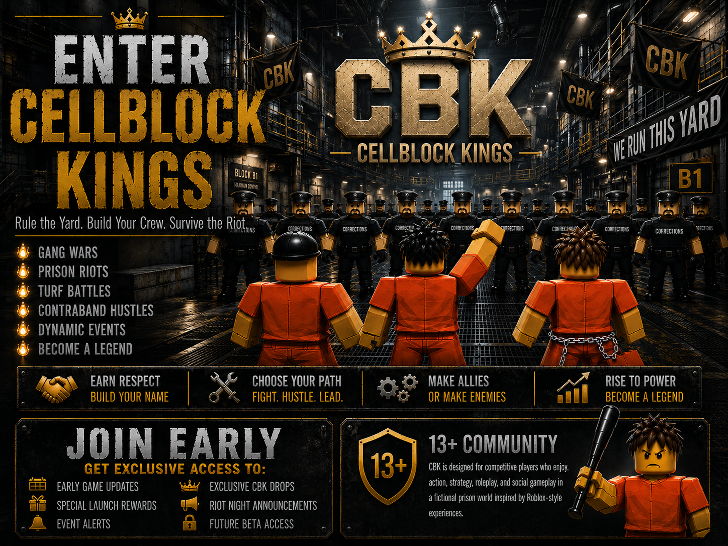 Roblox inmates in orange jumpsuits facing off against prison guards in the Cellblock Kings yard, highlighting gang warfare and turf battles.
