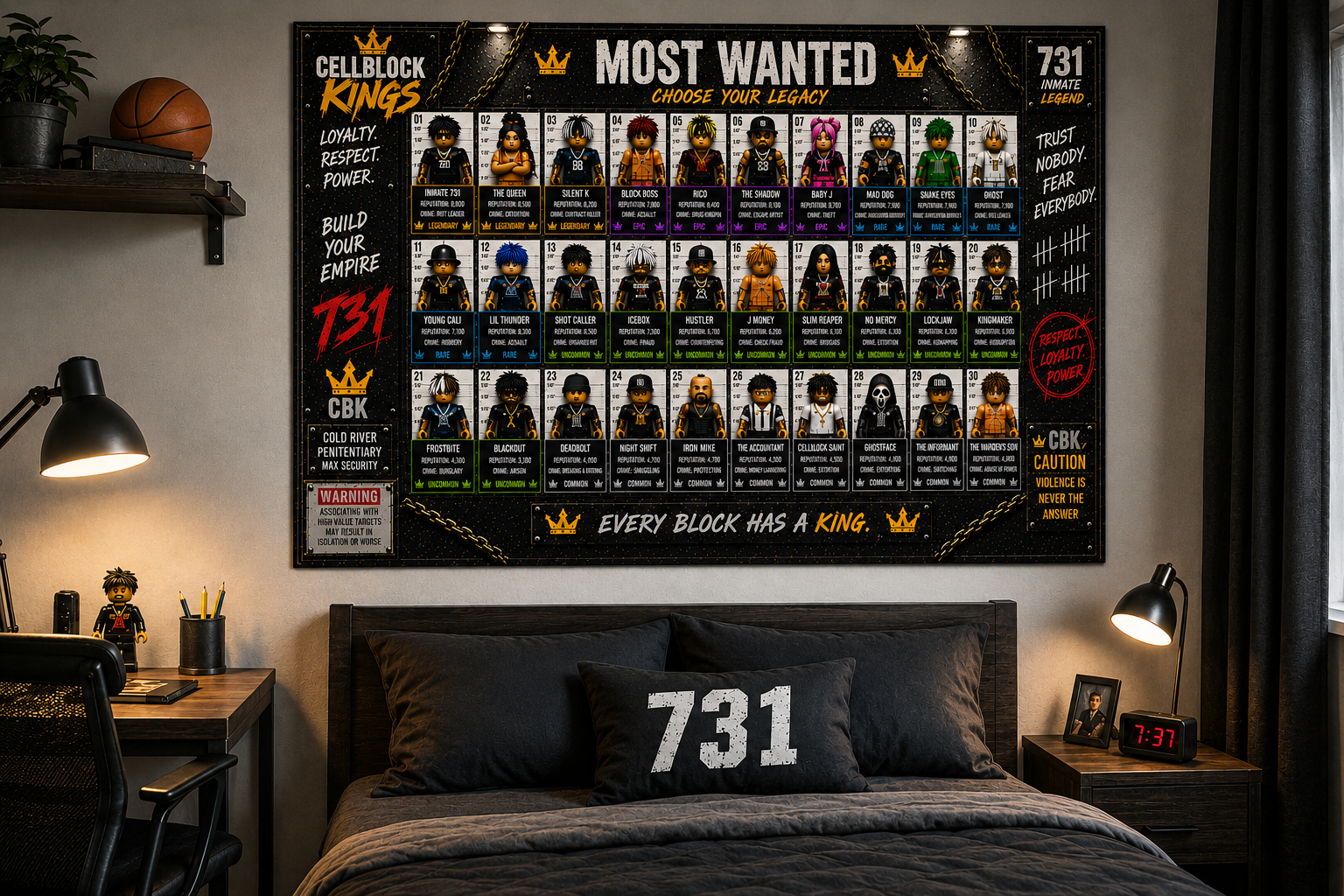Bedroom with a large poster on the wall featuring 'Cellblock Kings' and 'Most Wanted' theme.